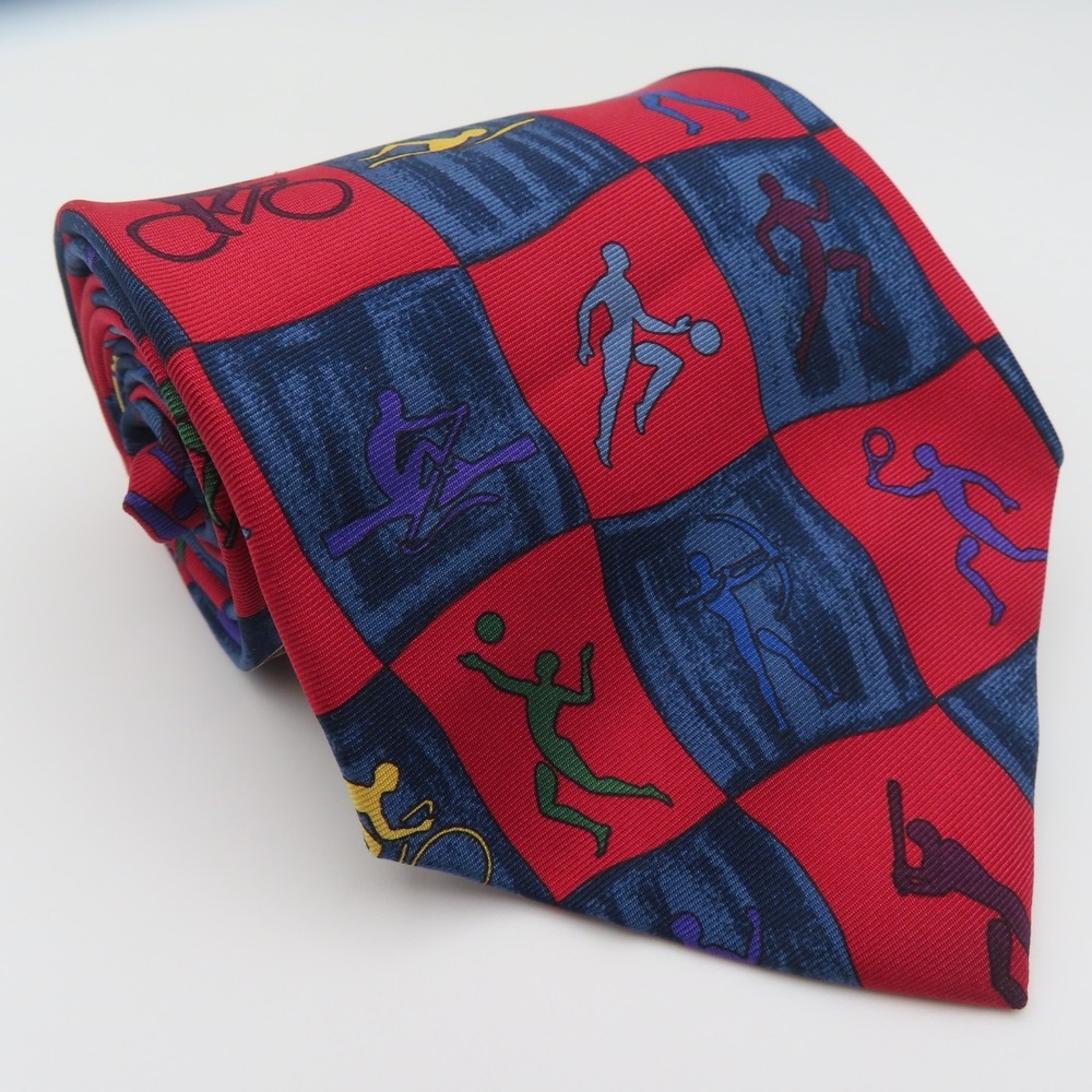 John Henry Tie Silk Red Blue 4" Wide 55" Long Vintage USA Olympic Games